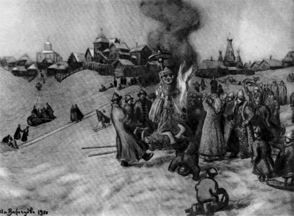 Картина А. М. Васнецова изображает проводы масленицы в старом русском городе. Молодежь сжигает чучело Масленицы.