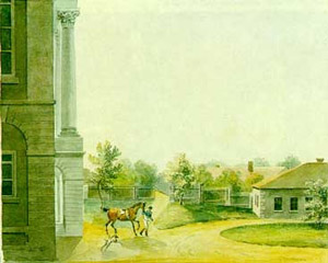 Неизвестный художник. Вид усадьбы Знаменское-Садки (слева господский дом, справа несуществующие ныне служебные постройки). 1820-е гг.