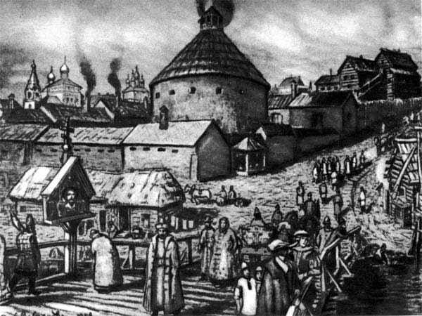 Древние     планы    Москвы    позволили А. М. Васнецову очень точно воссоздать облик московского Пушечного двора в XVII веке.